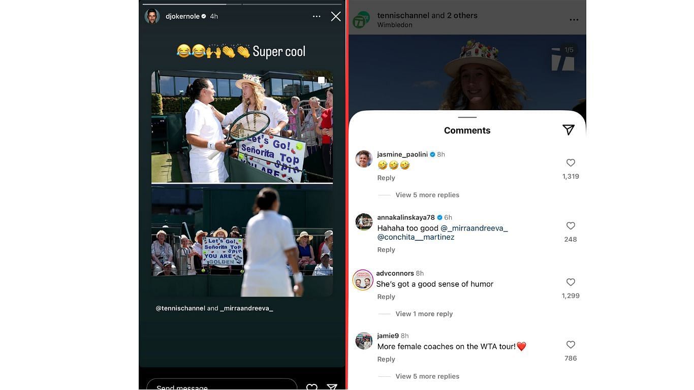 Screengrabs of Novak Djokovic, Jasmine Paolini and Anna Kalinskaya's comments on Instagram
